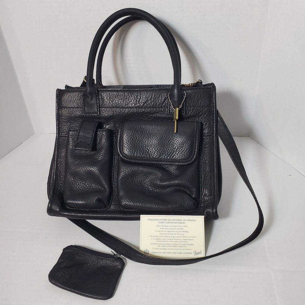 Vintage‎ Fossil Black Genuine Leather Handbag Tote with Authenticity Card #75082